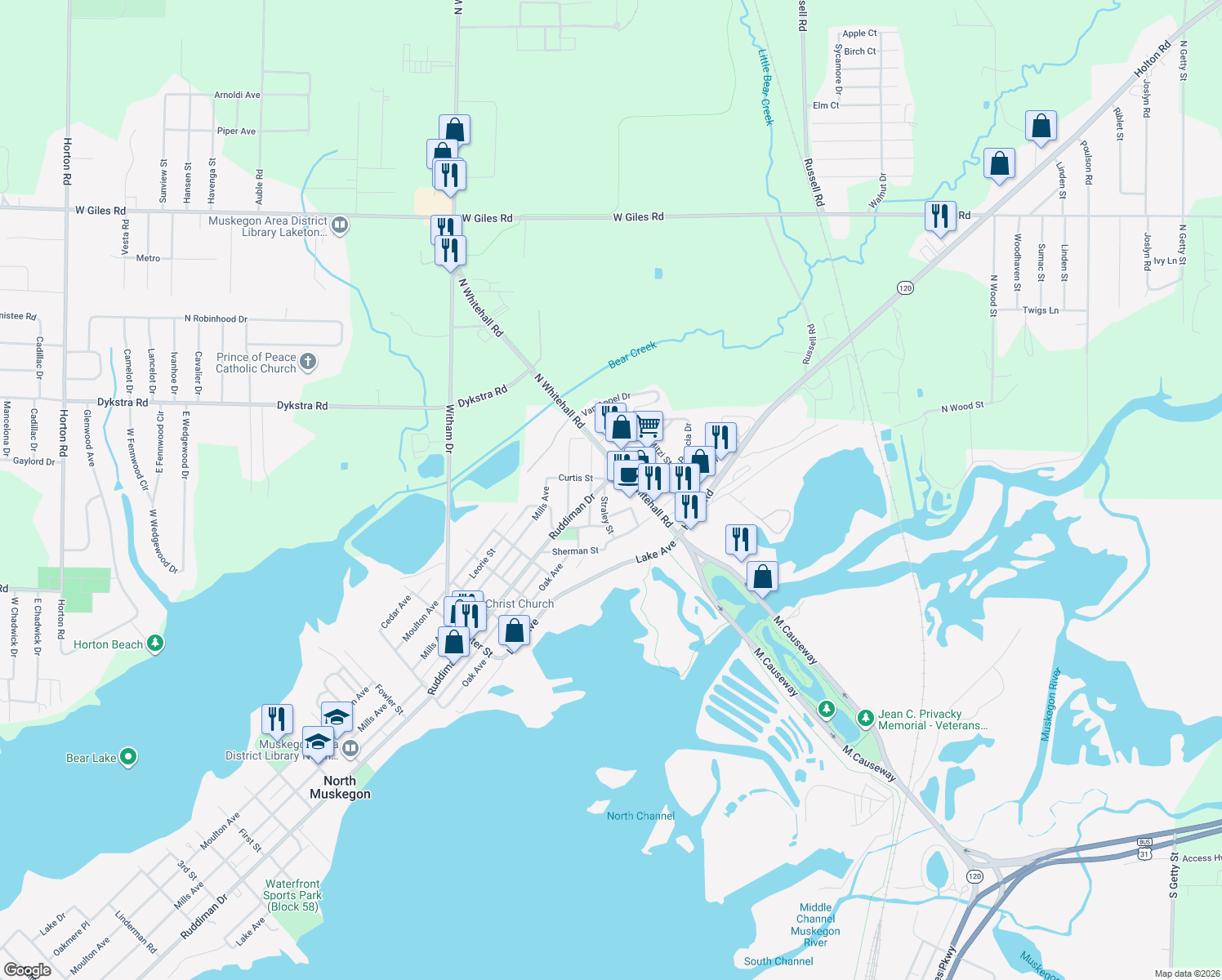 map of restaurants, bars, coffee shops, grocery stores, and more near 518 Straley Street in Muskegon