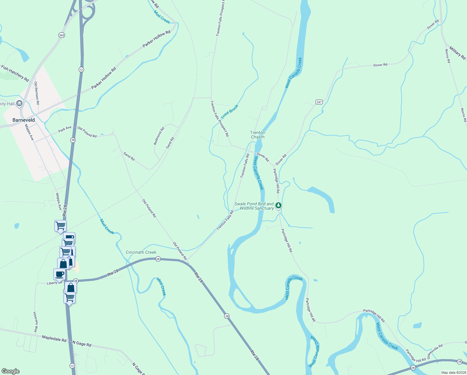 map of restaurants, bars, coffee shops, grocery stores, and more near 8397 Trenton Falls Road in Barneveld