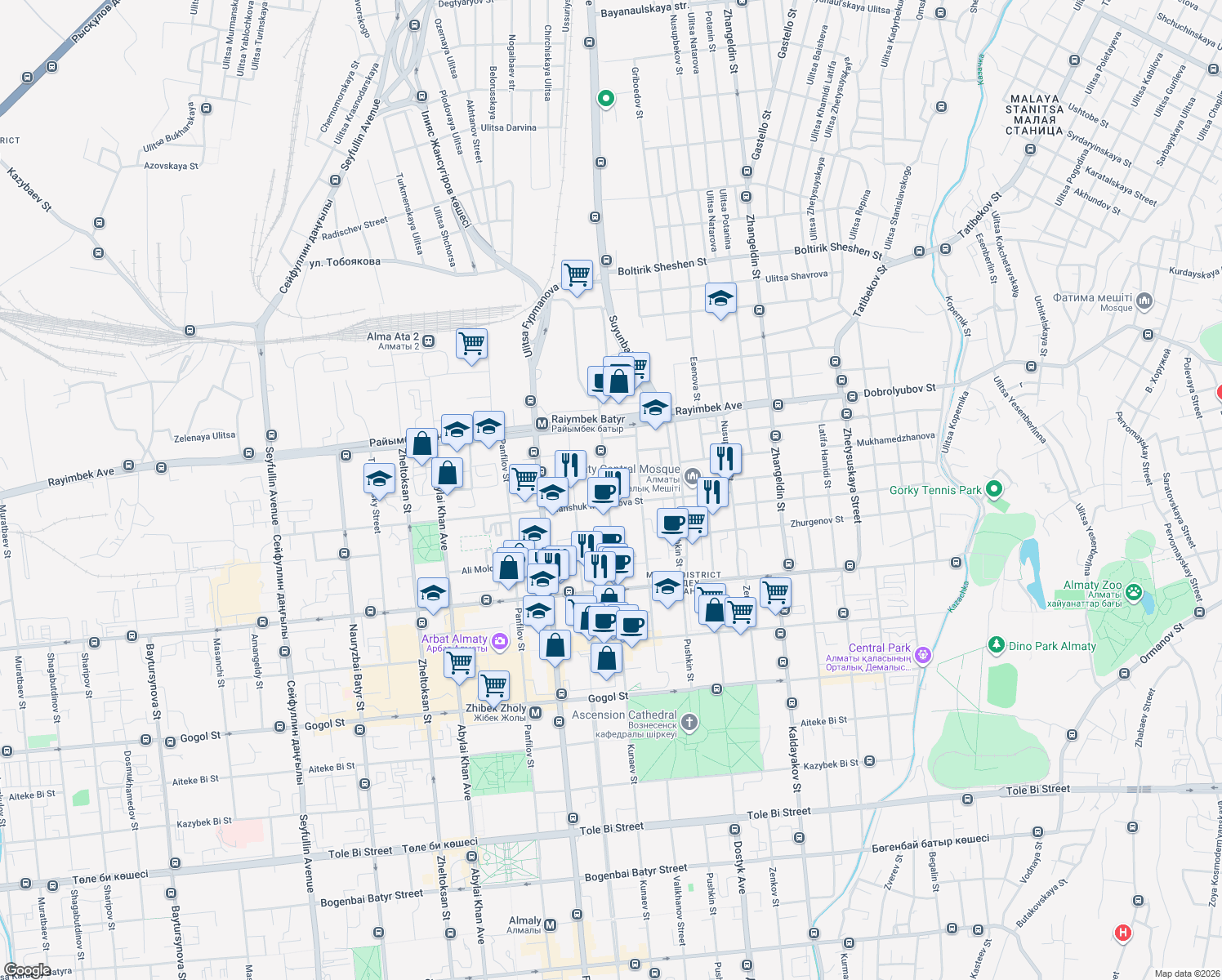 map of restaurants, bars, coffee shops, grocery stores, and more near 20 Kunaev Street in Almaty