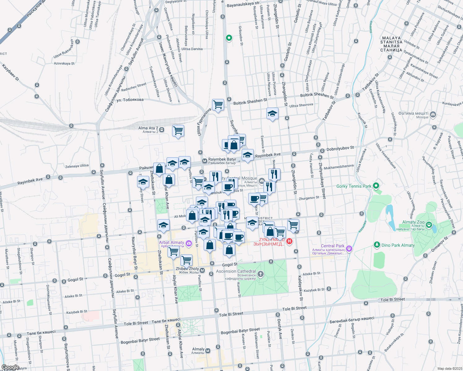 map of restaurants, bars, coffee shops, grocery stores, and more near 20 Kunaev Street in Almaty