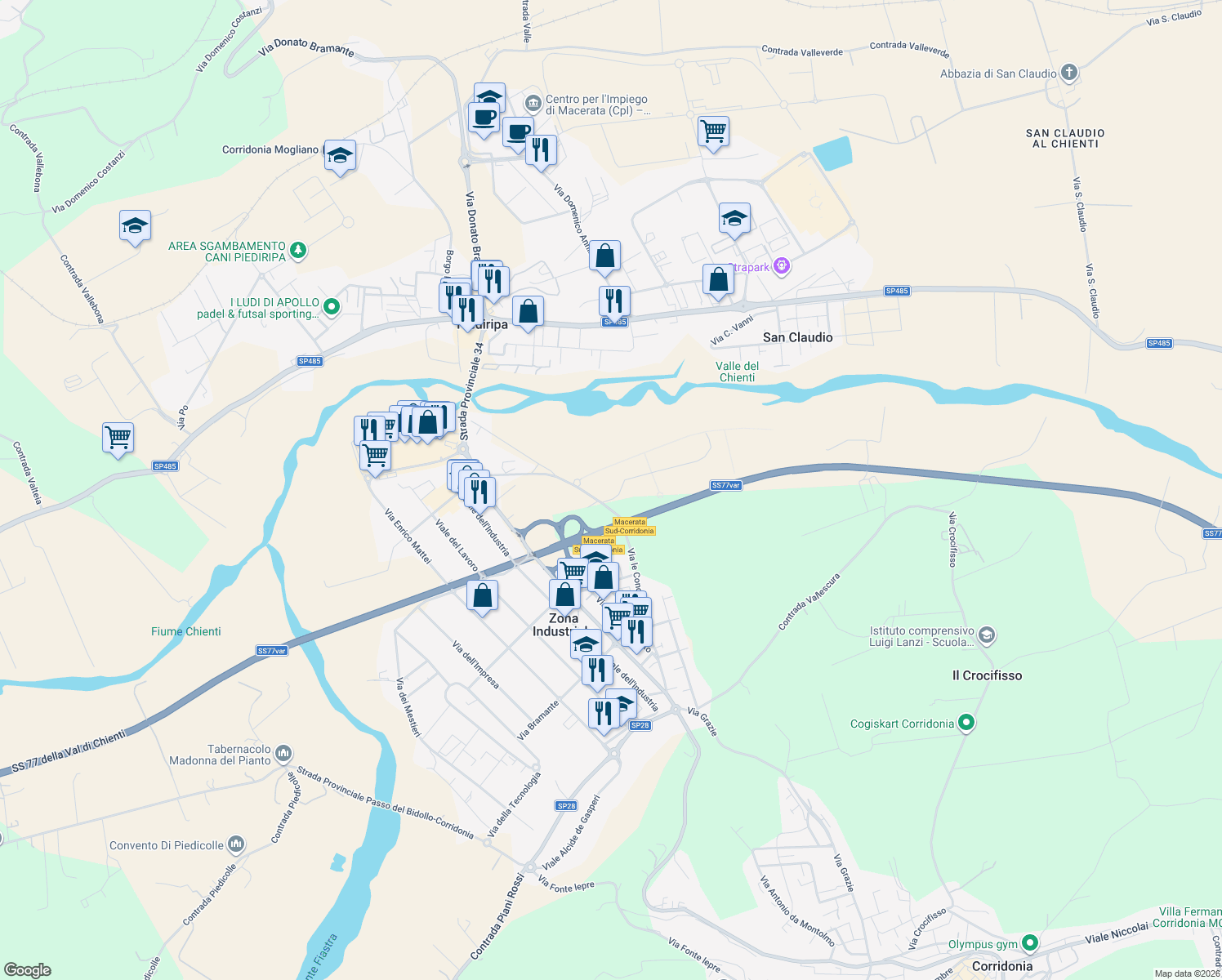 map of restaurants, bars, coffee shops, grocery stores, and more near 68 Via le Conce in Provincia di Macerata