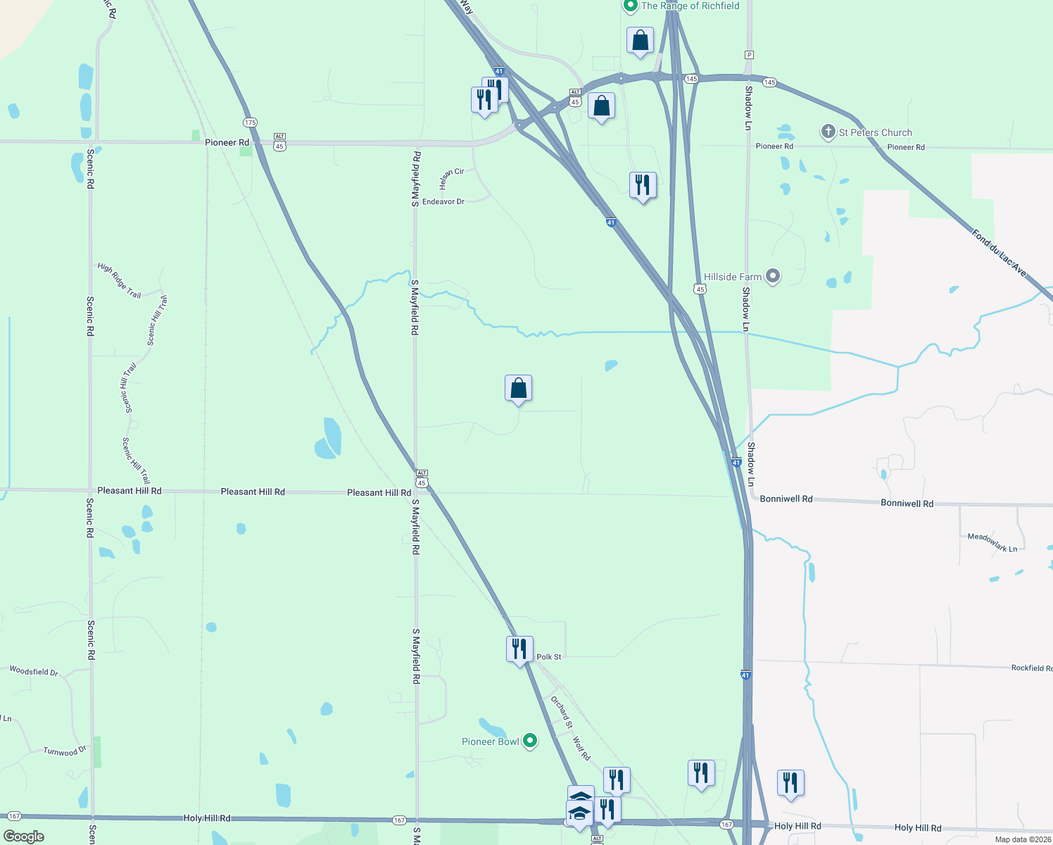 map of restaurants, bars, coffee shops, grocery stores, and more near 2192 Prairie Hollow Drive in Richfield