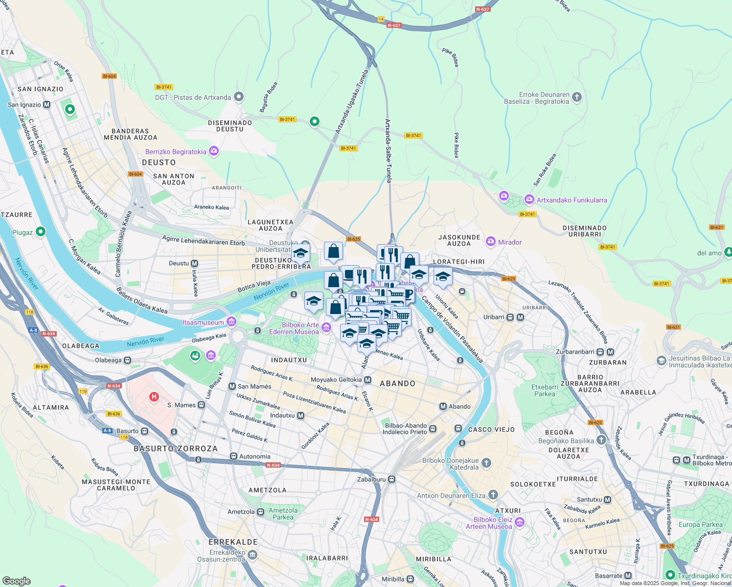 map of restaurants, bars, coffee shops, grocery stores, and more near 2 Abandoibarra Etorbidea in Bilbo