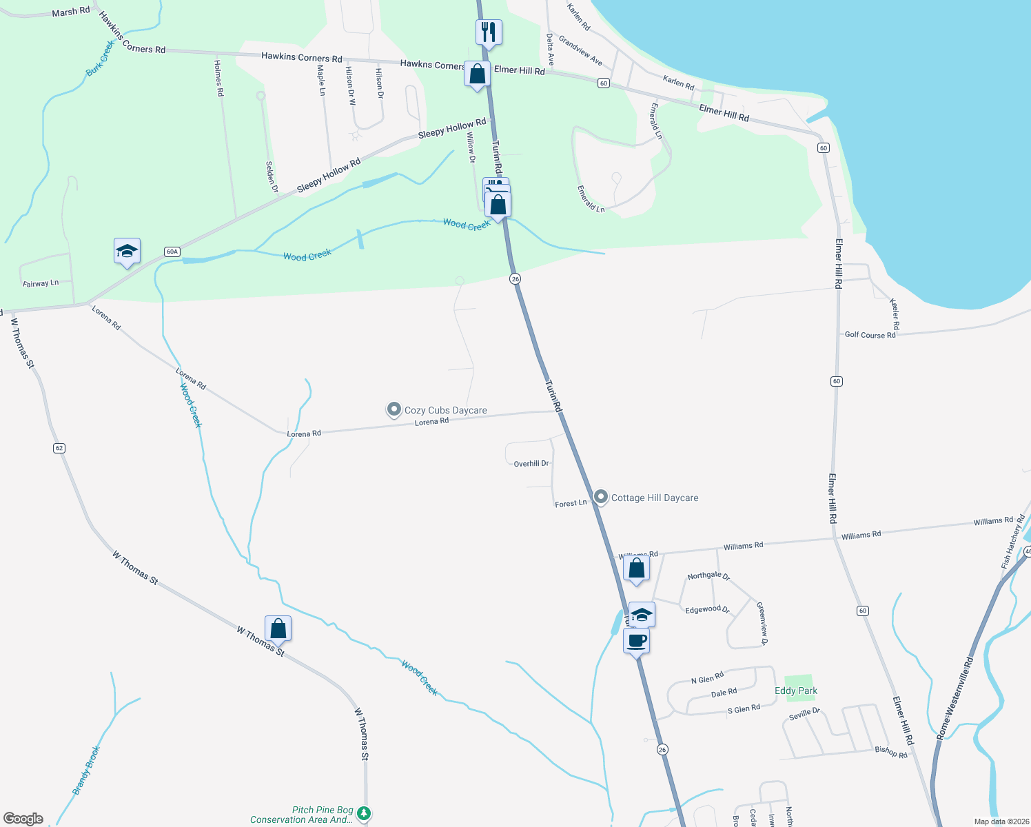 map of restaurants, bars, coffee shops, grocery stores, and more near 6340 Lorena Road in Rome