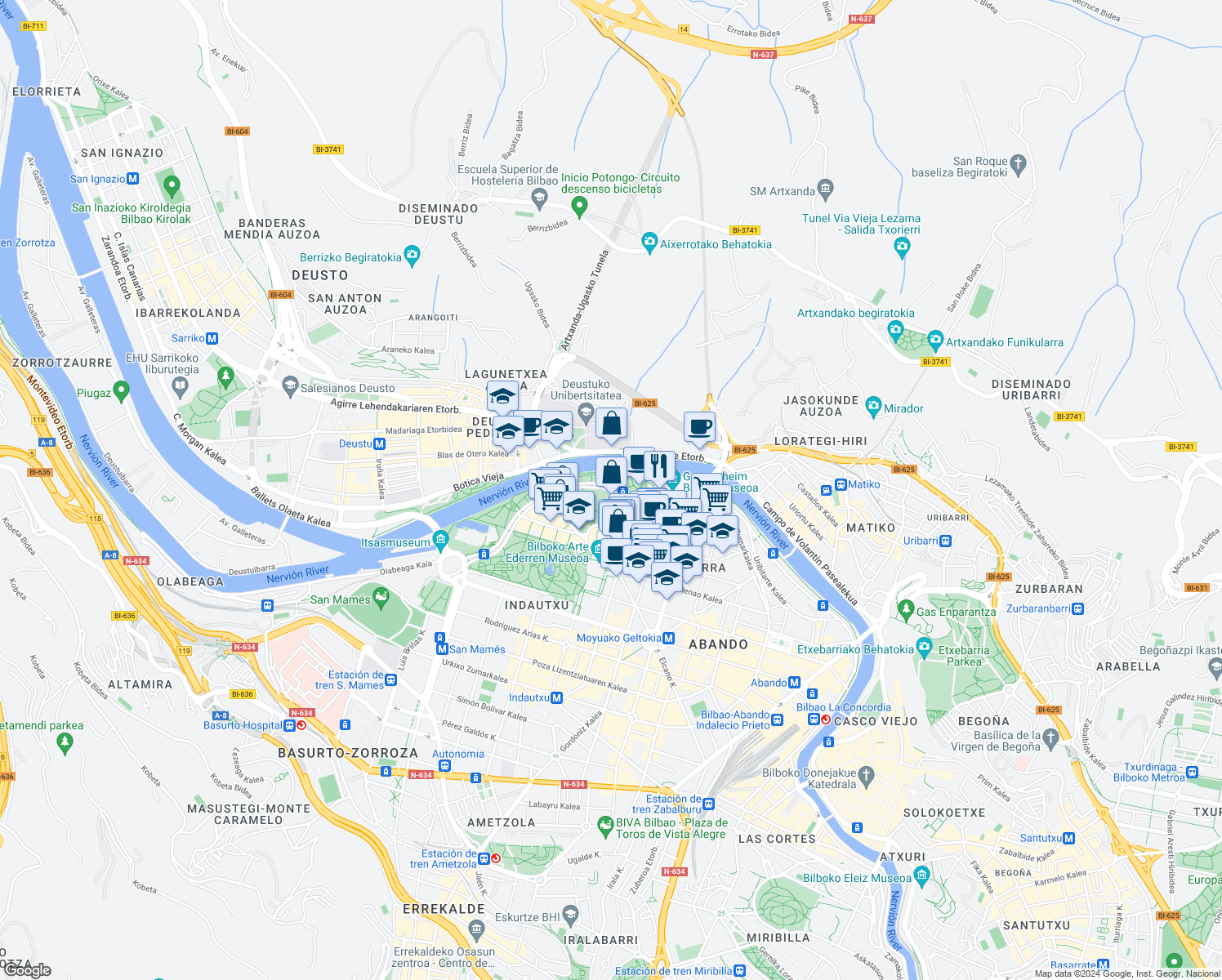 map of restaurants, bars, coffee shops, grocery stores, and more near Av de Abandoibarra in Bilbao