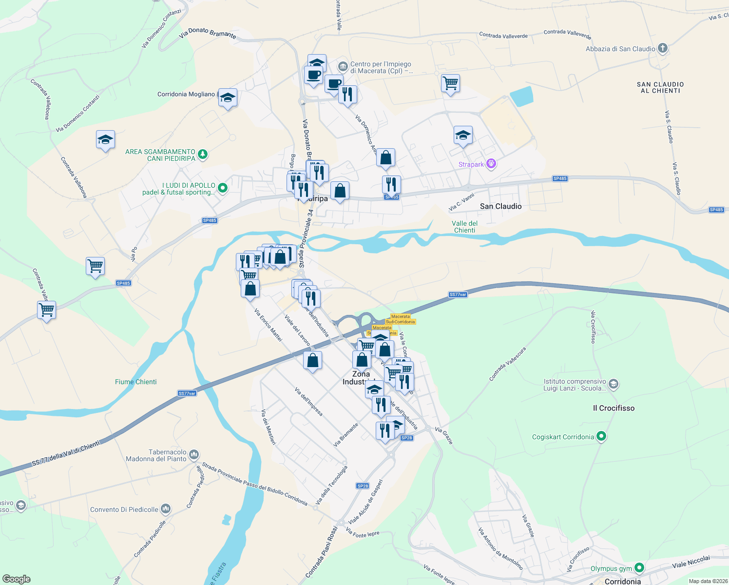map of restaurants, bars, coffee shops, grocery stores, and more near 68 Via le Conce in Provincia di Macerata