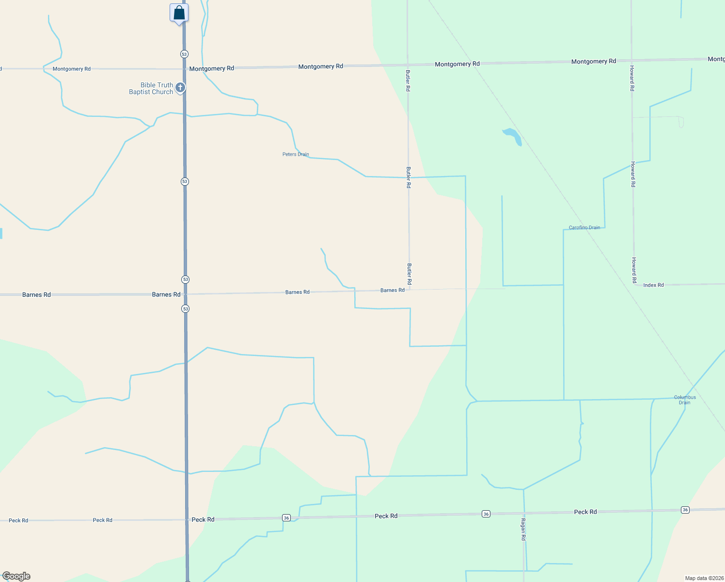 map of restaurants, bars, coffee shops, grocery stores, and more near 7394 Barnes Road in Marlette