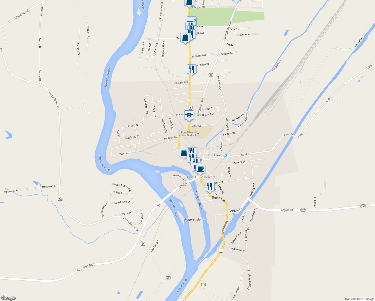 map of restaurants, bars, coffee shops, grocery stores, and more near 7 Washington Street in Fort Edward