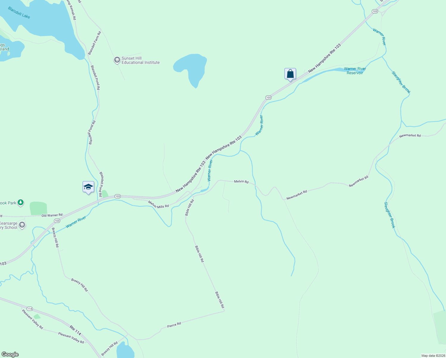 map of restaurants, bars, coffee shops, grocery stores, and more near 57 Melvin Road in Warner