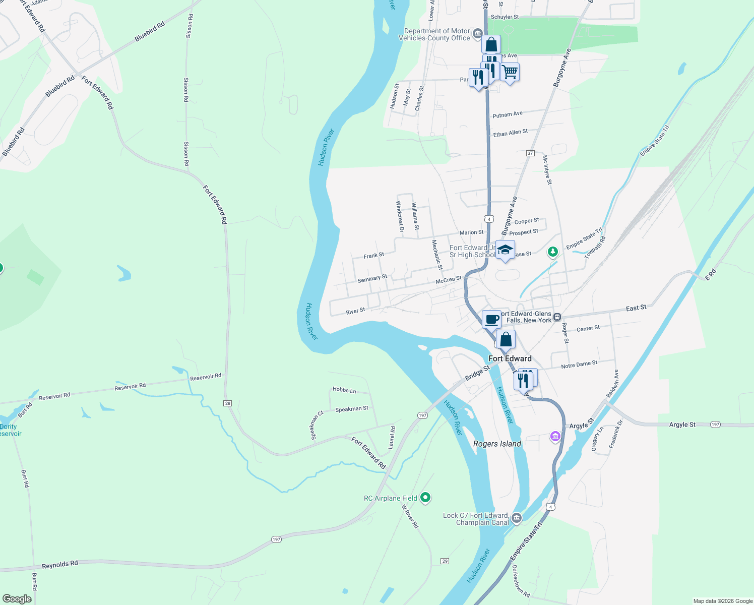 map of restaurants, bars, coffee shops, grocery stores, and more near 38 River Street in Fort Edward