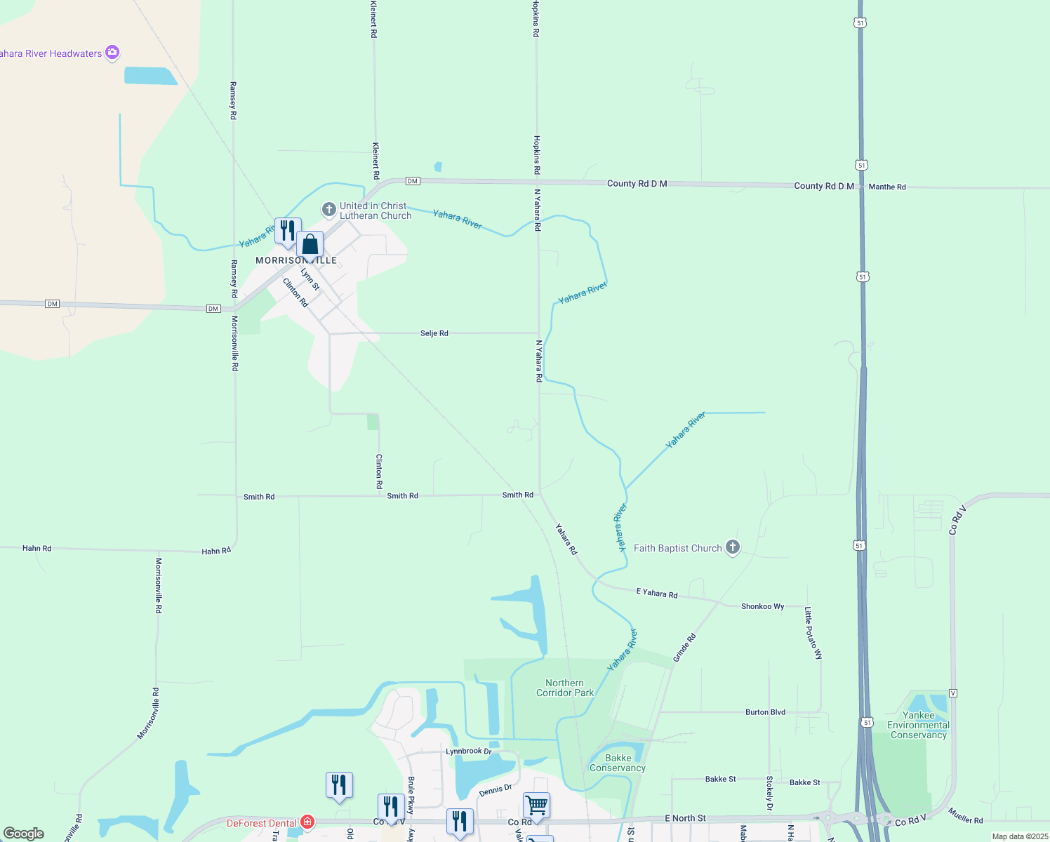 map of restaurants, bars, coffee shops, grocery stores, and more near 7717 N Yahara Rd in DeForest