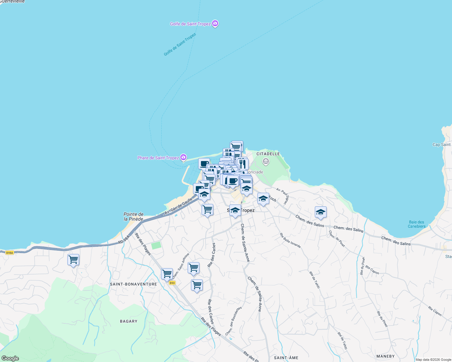 map of restaurants, bars, coffee shops, grocery stores, and more near 11 Rue Etienne Berny in Saint-Tropez