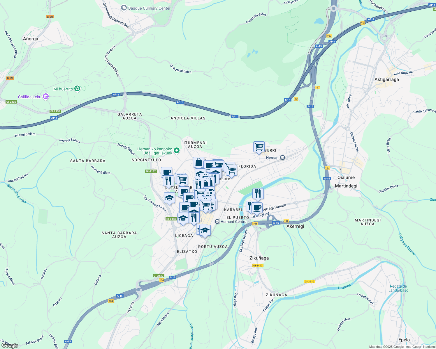 map of restaurants, bars, coffee shops, grocery stores, and more near in Hernani