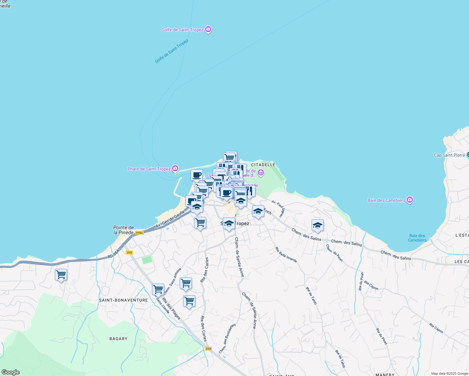 map of restaurants, bars, coffee shops, grocery stores, and more near 63 Rue Gambetta in Saint-Tropez