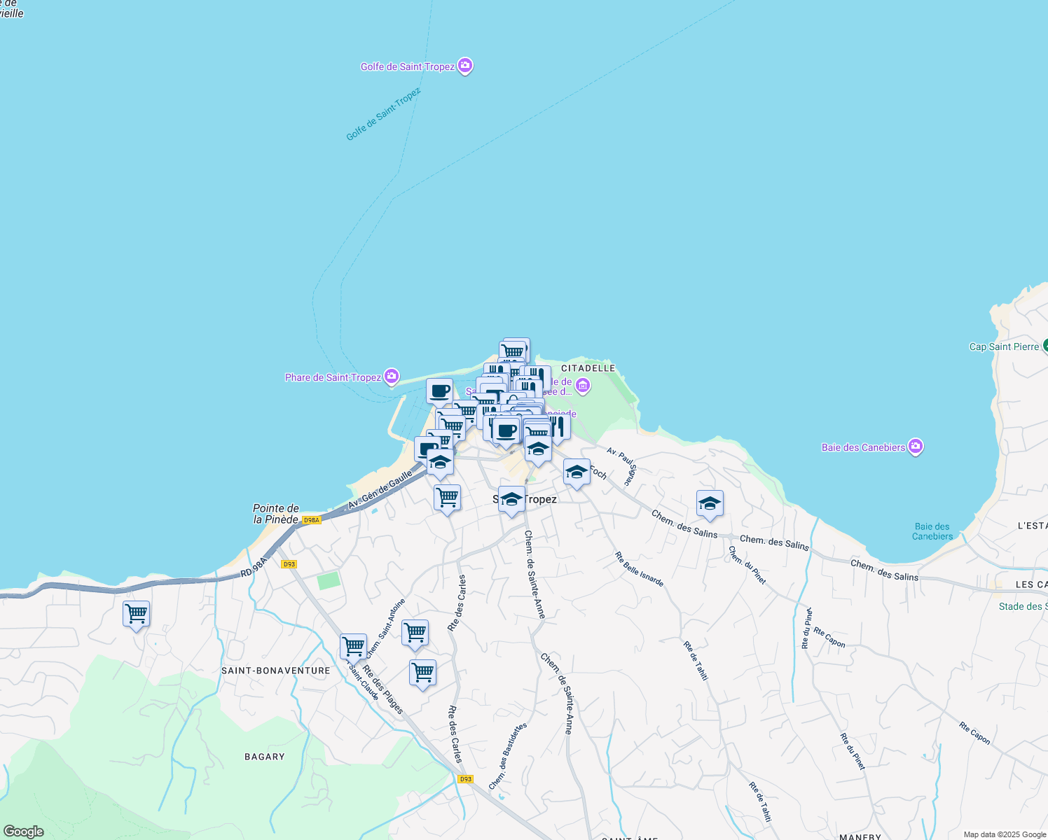 map of restaurants, bars, coffee shops, grocery stores, and more near 63 Rue Gambetta in Saint-Tropez