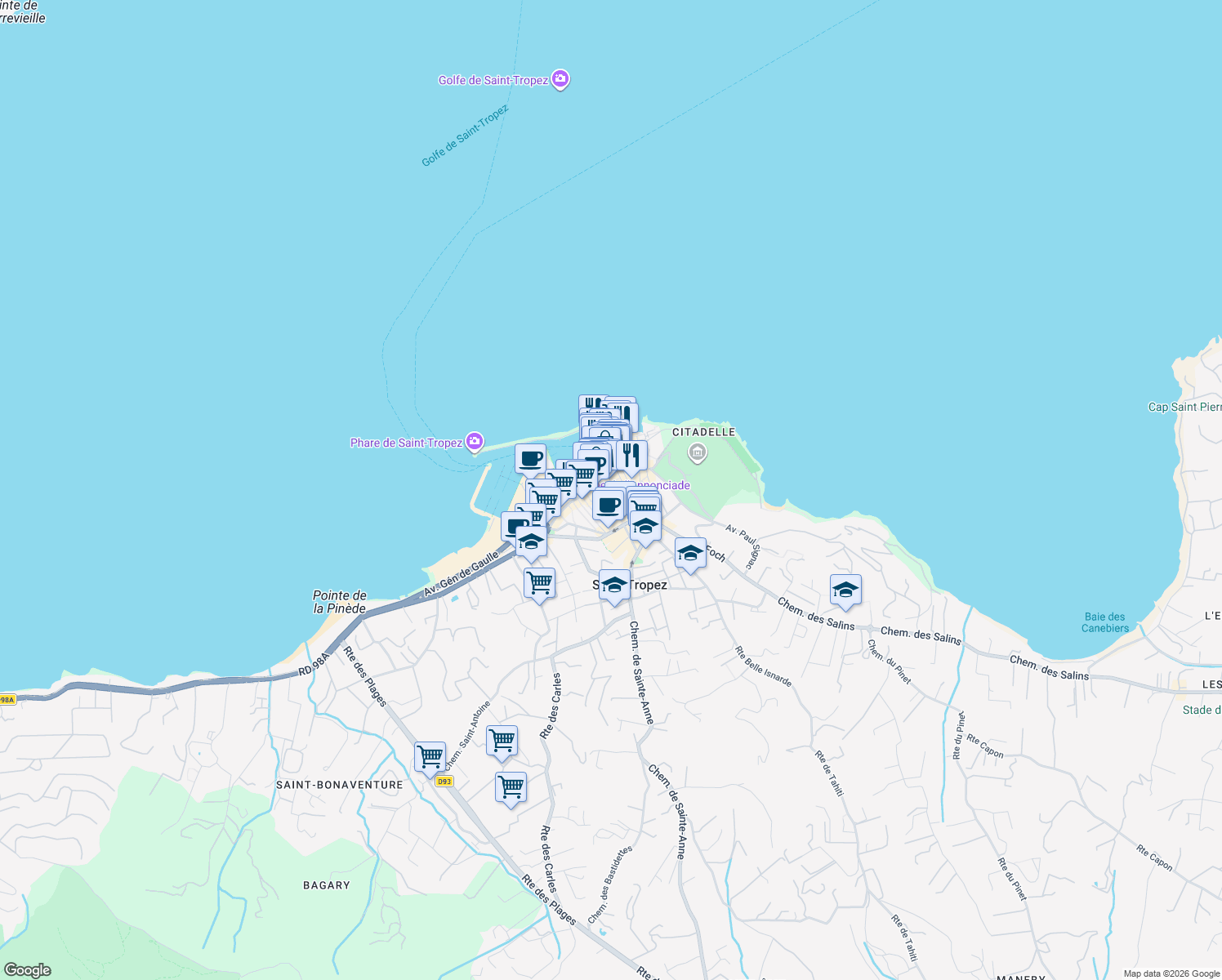 map of restaurants, bars, coffee shops, grocery stores, and more near 27 Place de la Garonne in Saint-Tropez