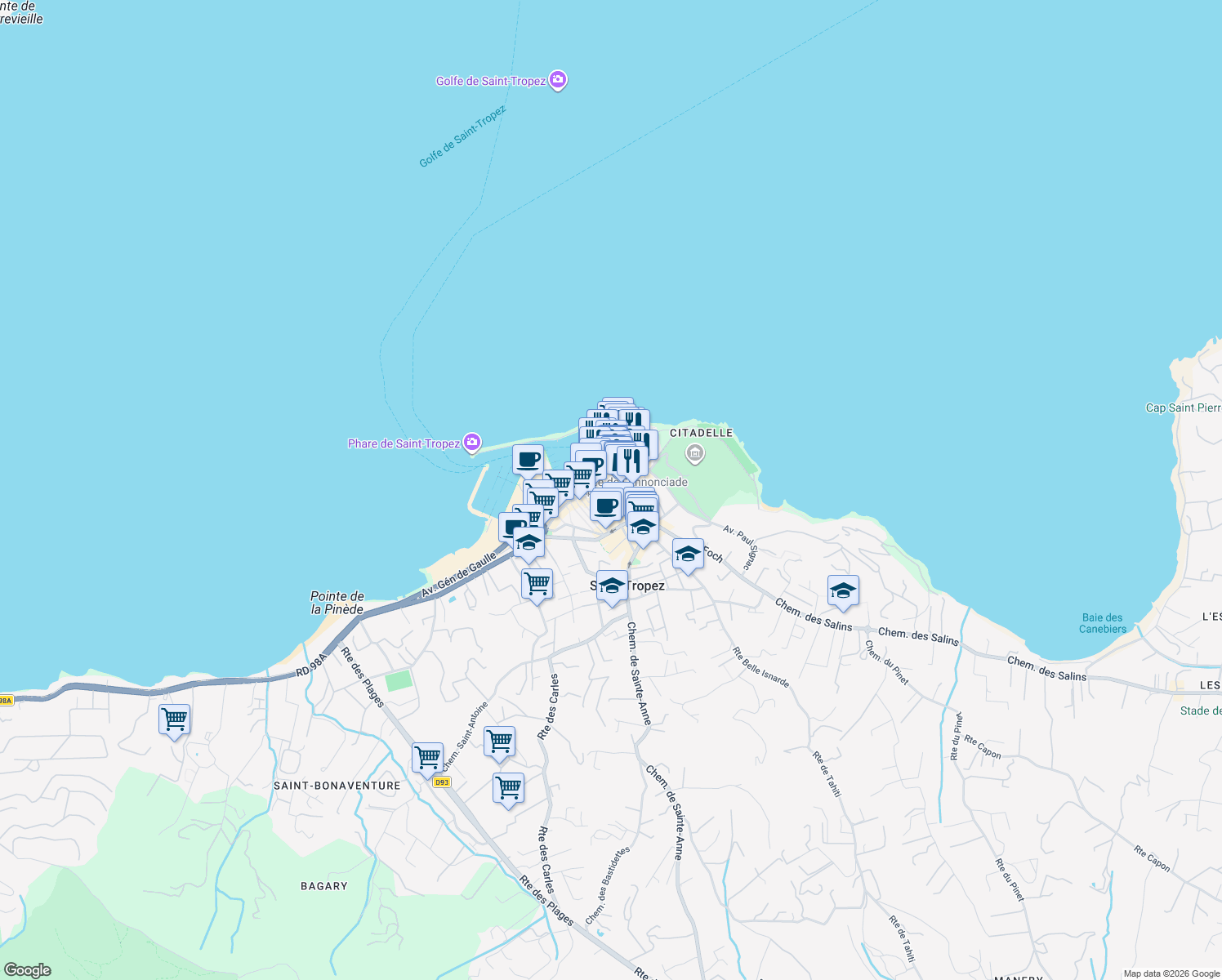 map of restaurants, bars, coffee shops, grocery stores, and more near 27 Place de la Garonne in Saint-Tropez