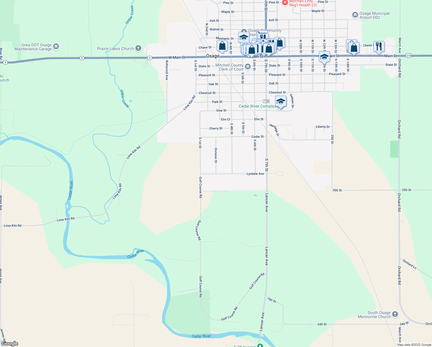 map of restaurants, bars, coffee shops, grocery stores, and more near 1398 Division Street in Osage