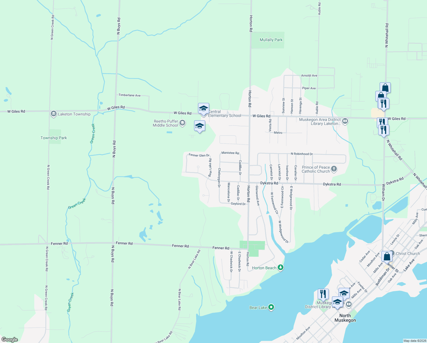 map of restaurants, bars, coffee shops, grocery stores, and more near 1042 Bear Lake Road in Muskegon