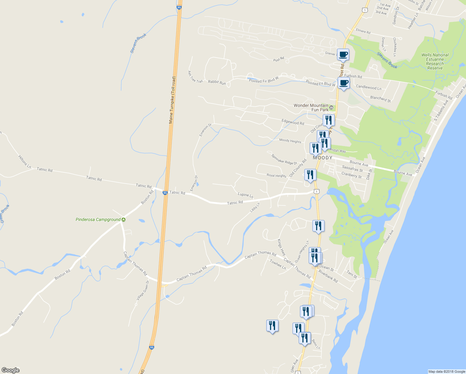 map of restaurants, bars, coffee shops, grocery stores, and more near 20 Lupine Lane in Wells