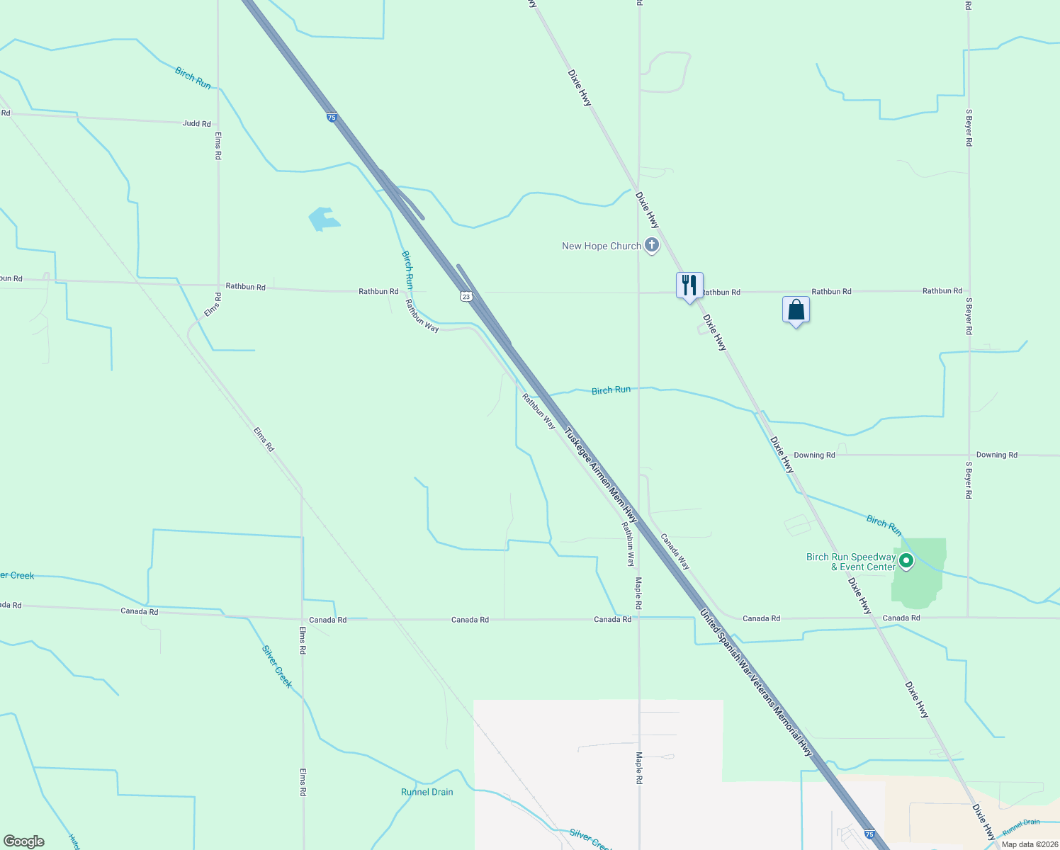 map of restaurants, bars, coffee shops, grocery stores, and more near 10380 Rathbun Way in Birch Run