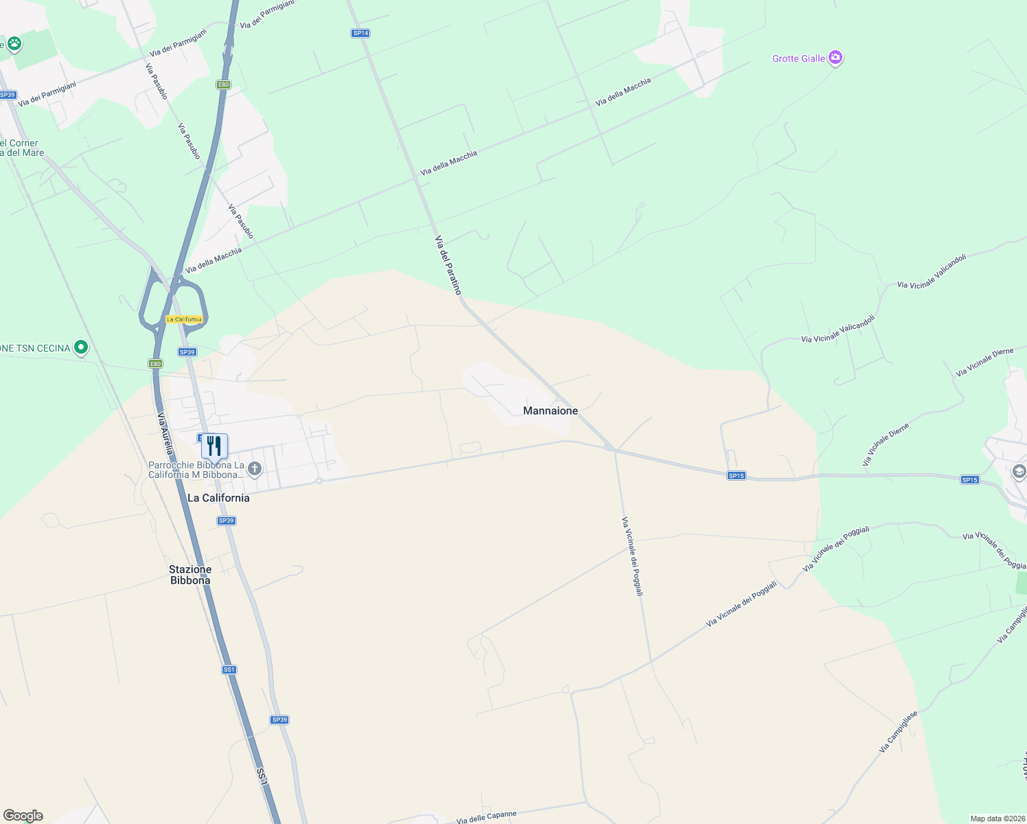 map of restaurants, bars, coffee shops, grocery stores, and more near 14 Via Sandro Pertini in Mannaione