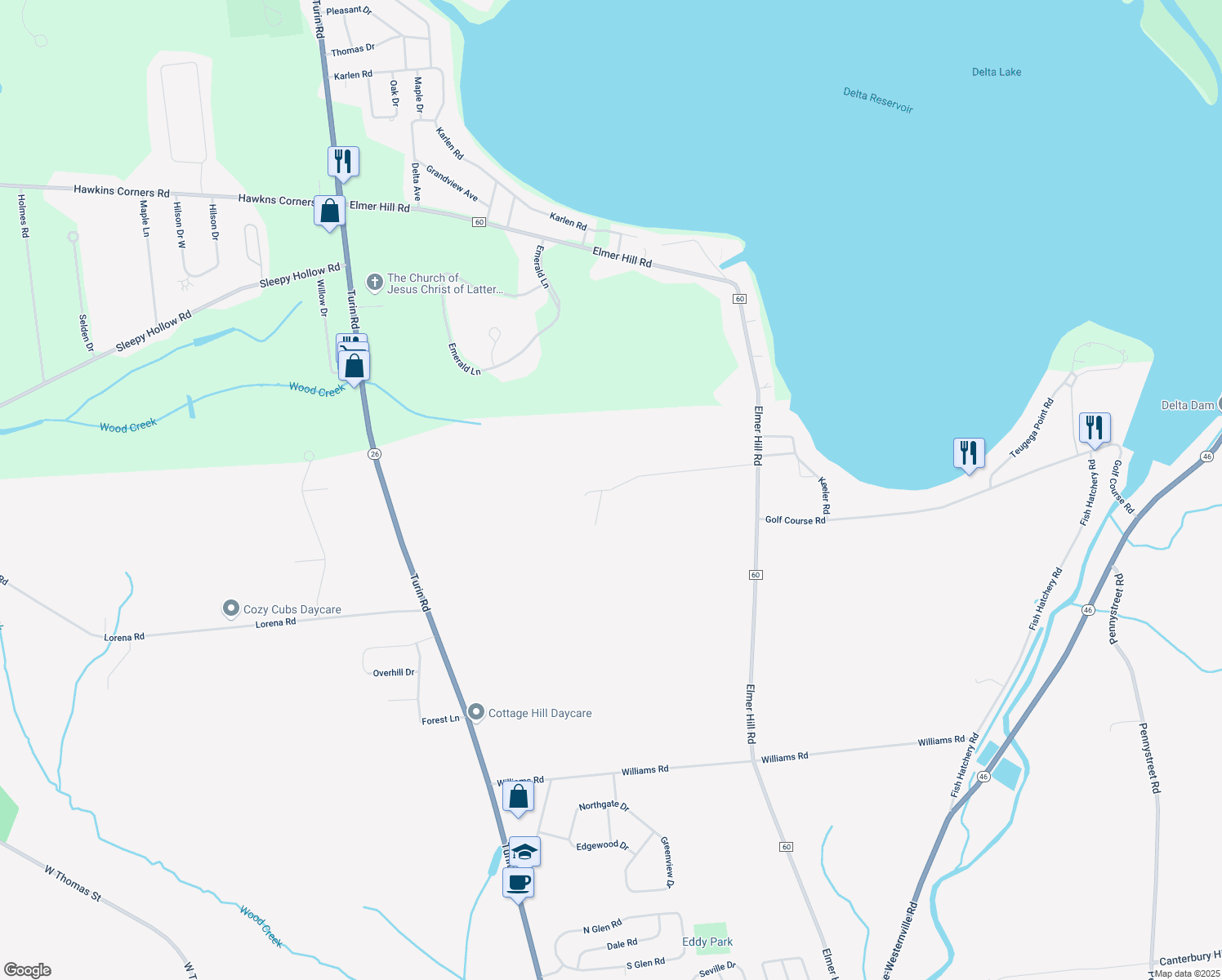 map of restaurants, bars, coffee shops, grocery stores, and more near 6598 Chimielewski Road in Rome