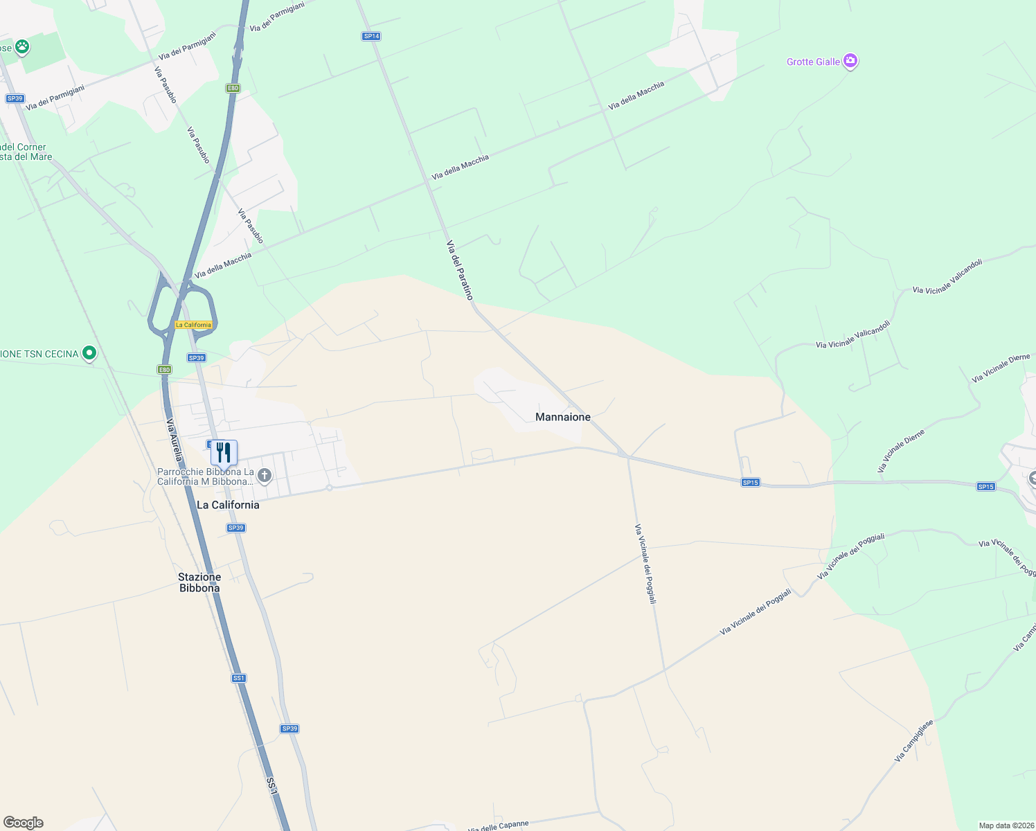 map of restaurants, bars, coffee shops, grocery stores, and more near 14 Via Sandro Pertini in Mannaione