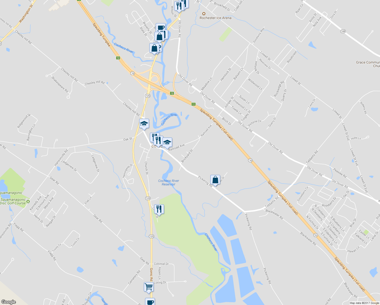 map of restaurants, bars, coffee shops, grocery stores, and more near 28 Brickyard Drive in Rochester