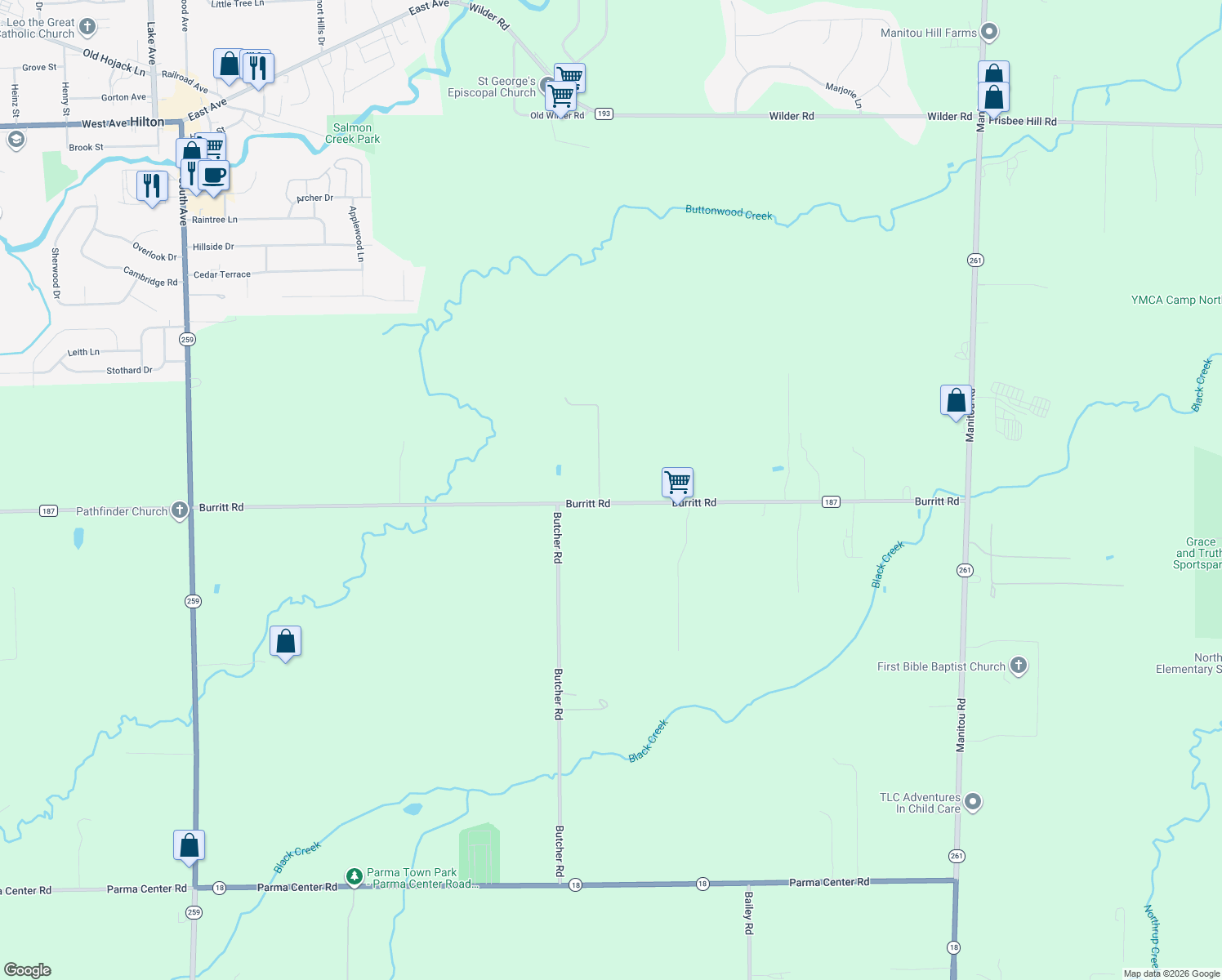 map of restaurants, bars, coffee shops, grocery stores, and more near 190 Burritt Road in Hilton