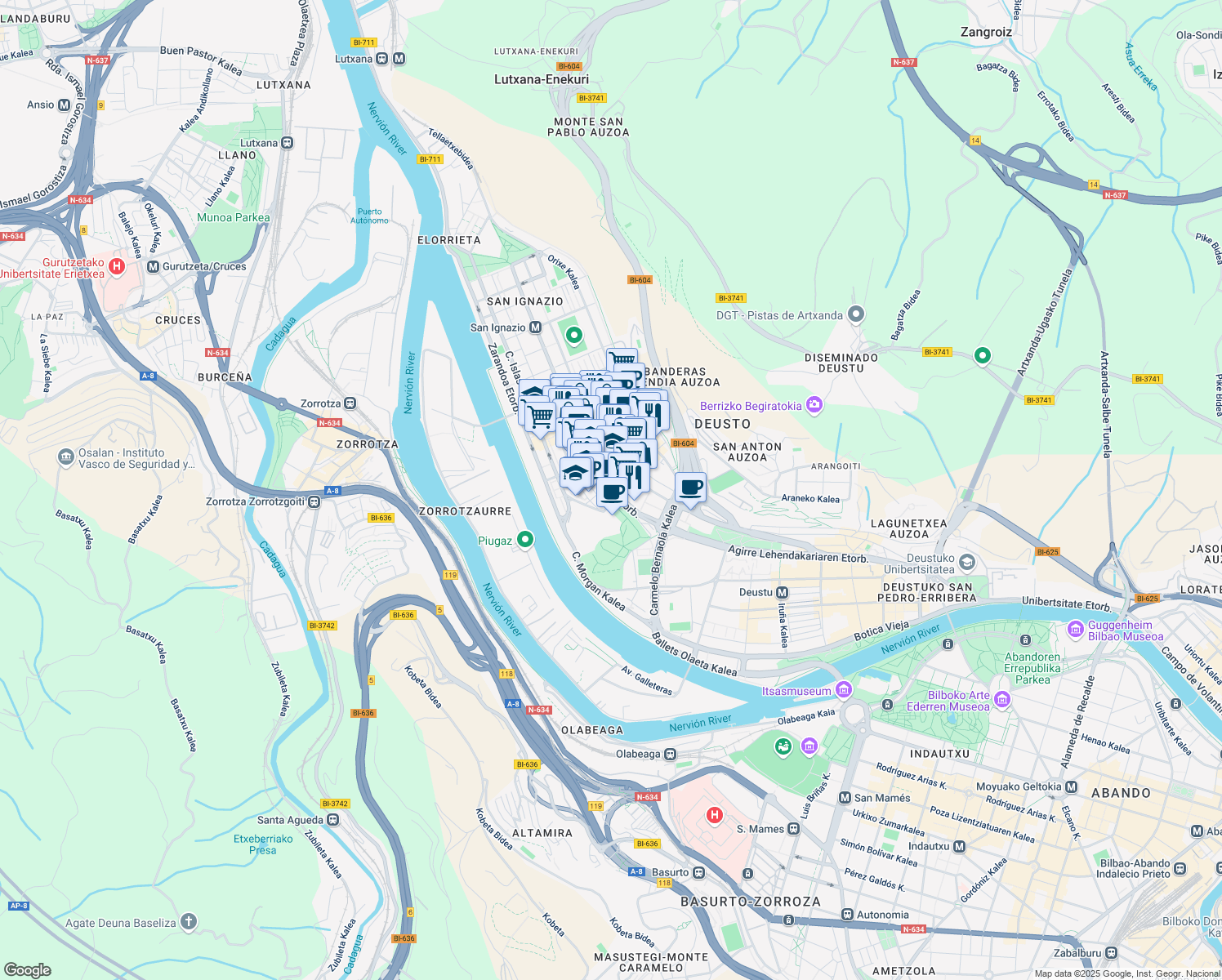 map of restaurants, bars, coffee shops, grocery stores, and more near Avenida Lehendakari Aguirre in Bilbao