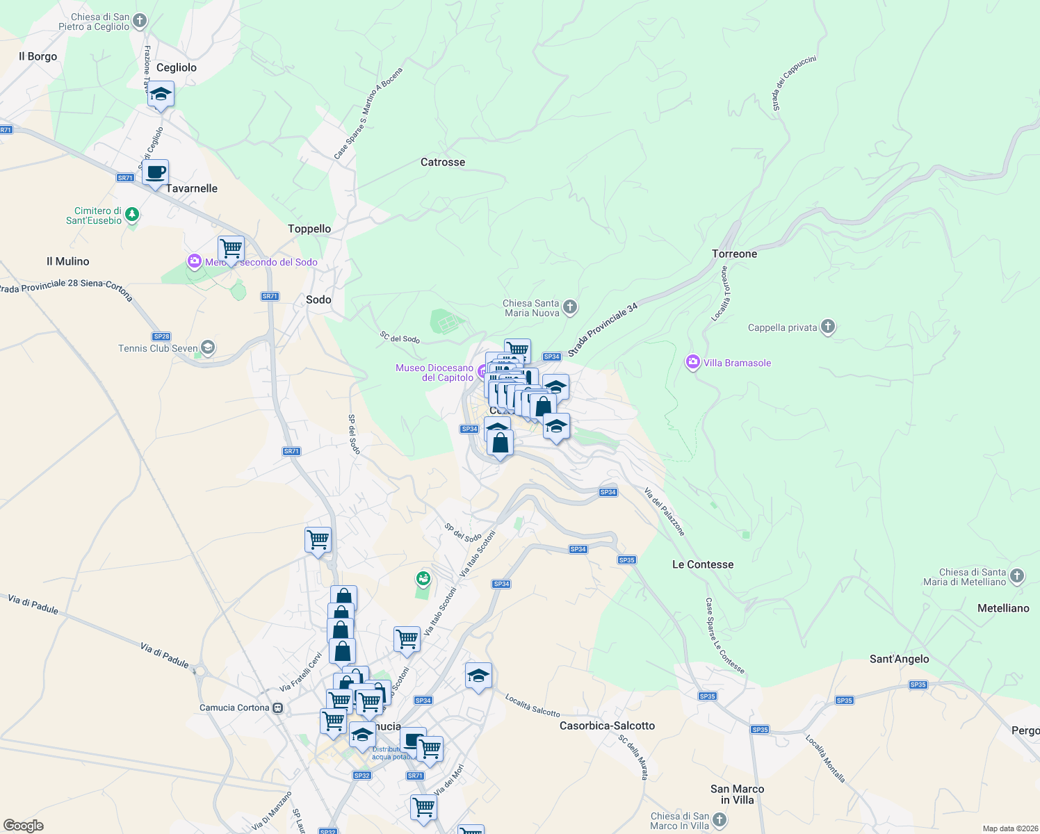 map of restaurants, bars, coffee shops, grocery stores, and more near 31 Vicolo Boni in Cortona