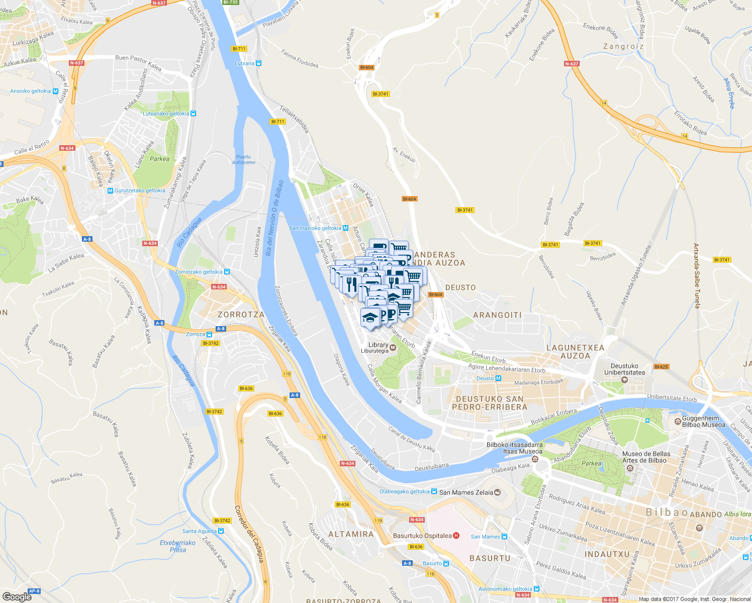 map of restaurants, bars, coffee shops, grocery stores, and more near Avenida Lehendakari Aguirre in Bilbao