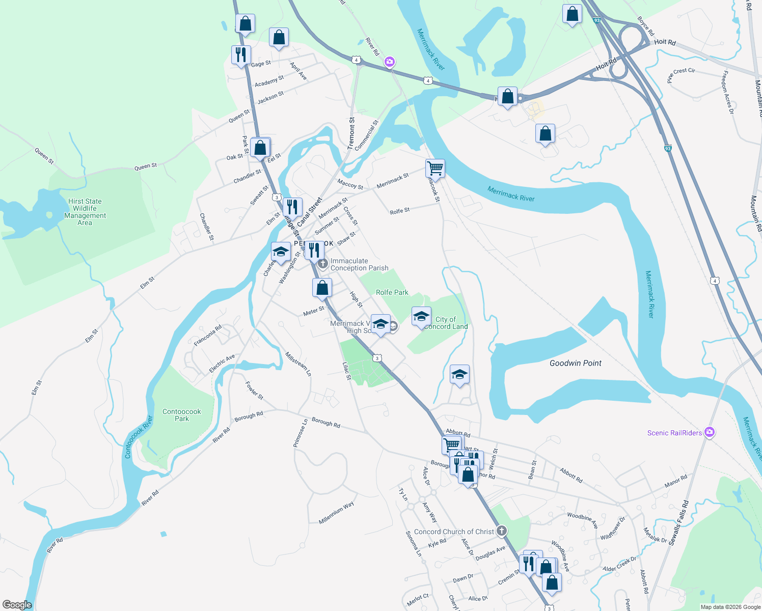 map of restaurants, bars, coffee shops, grocery stores, and more near 91 Community Drive in Concord