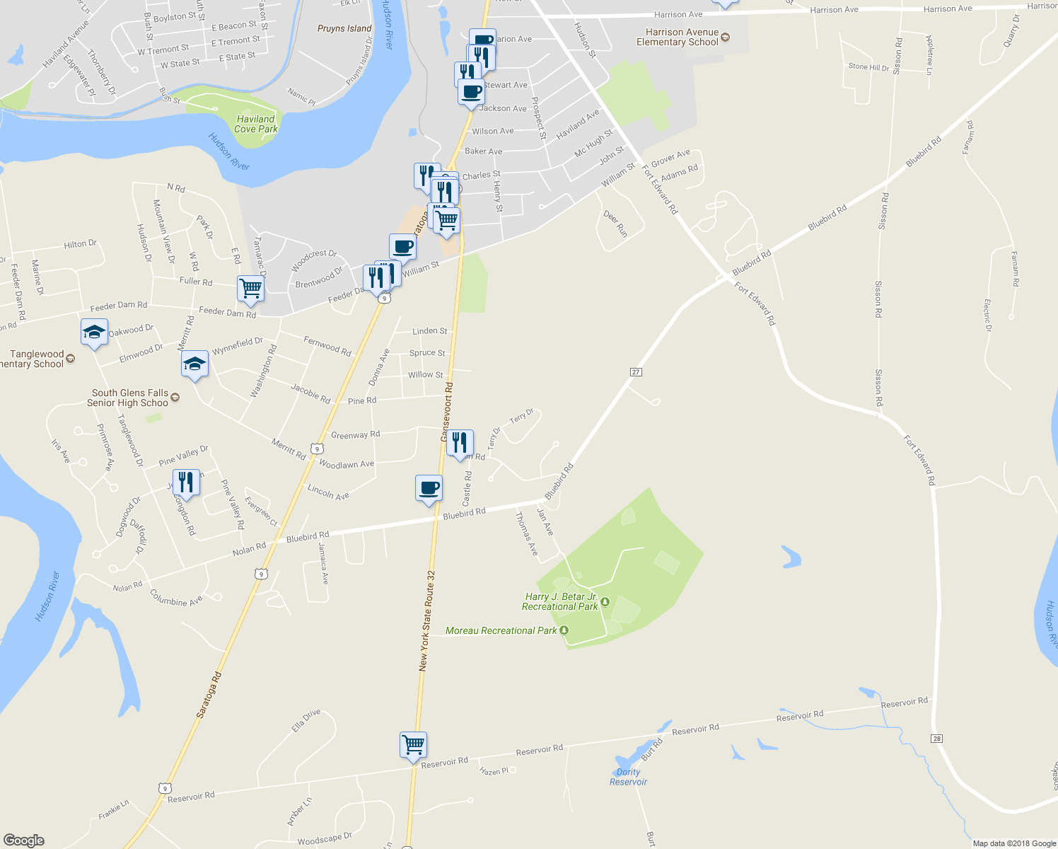 map of restaurants, bars, coffee shops, grocery stores, and more near 19 Terry Drive in South Glens Falls