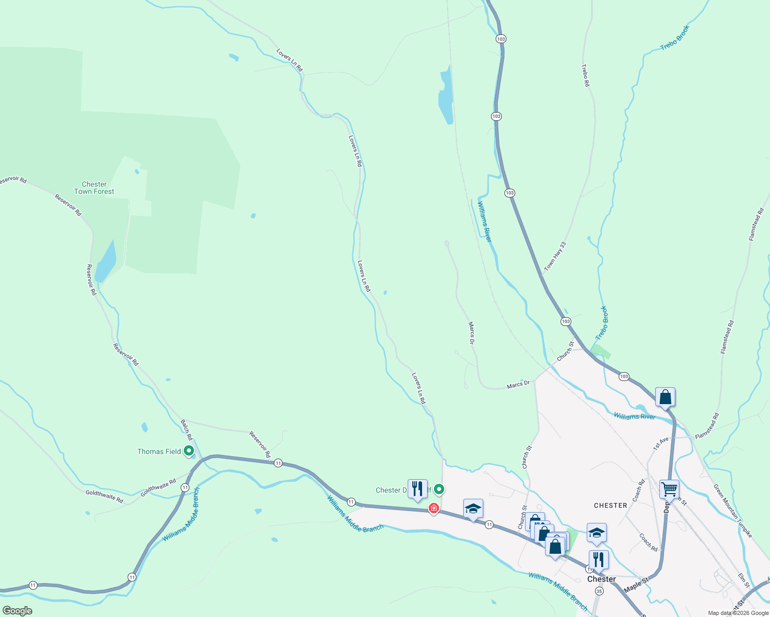 map of restaurants, bars, coffee shops, grocery stores, and more near 918 Lovers Lane in Chester