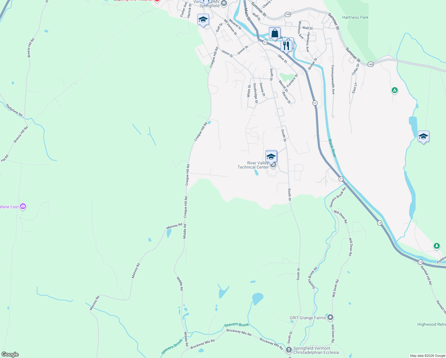 map of restaurants, bars, coffee shops, grocery stores, and more near 77 Wcfr Drive in Springfield