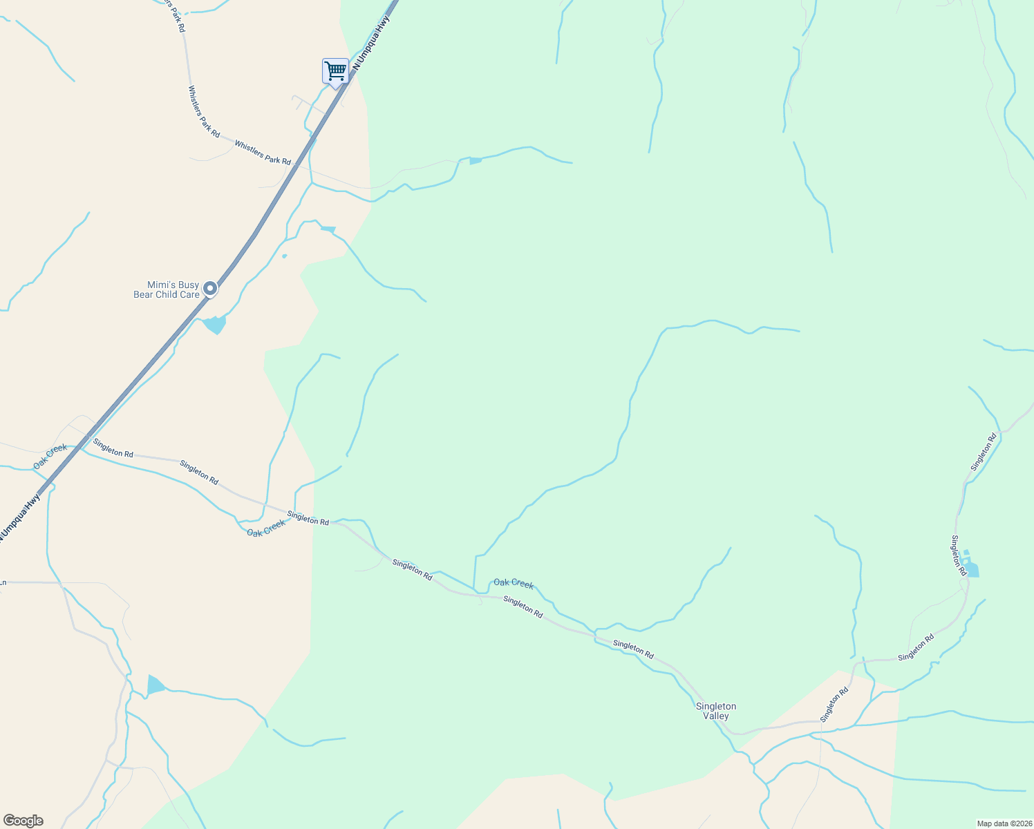 map of restaurants, bars, coffee shops, grocery stores, and more near 1632 Singleton Road in Roseburg