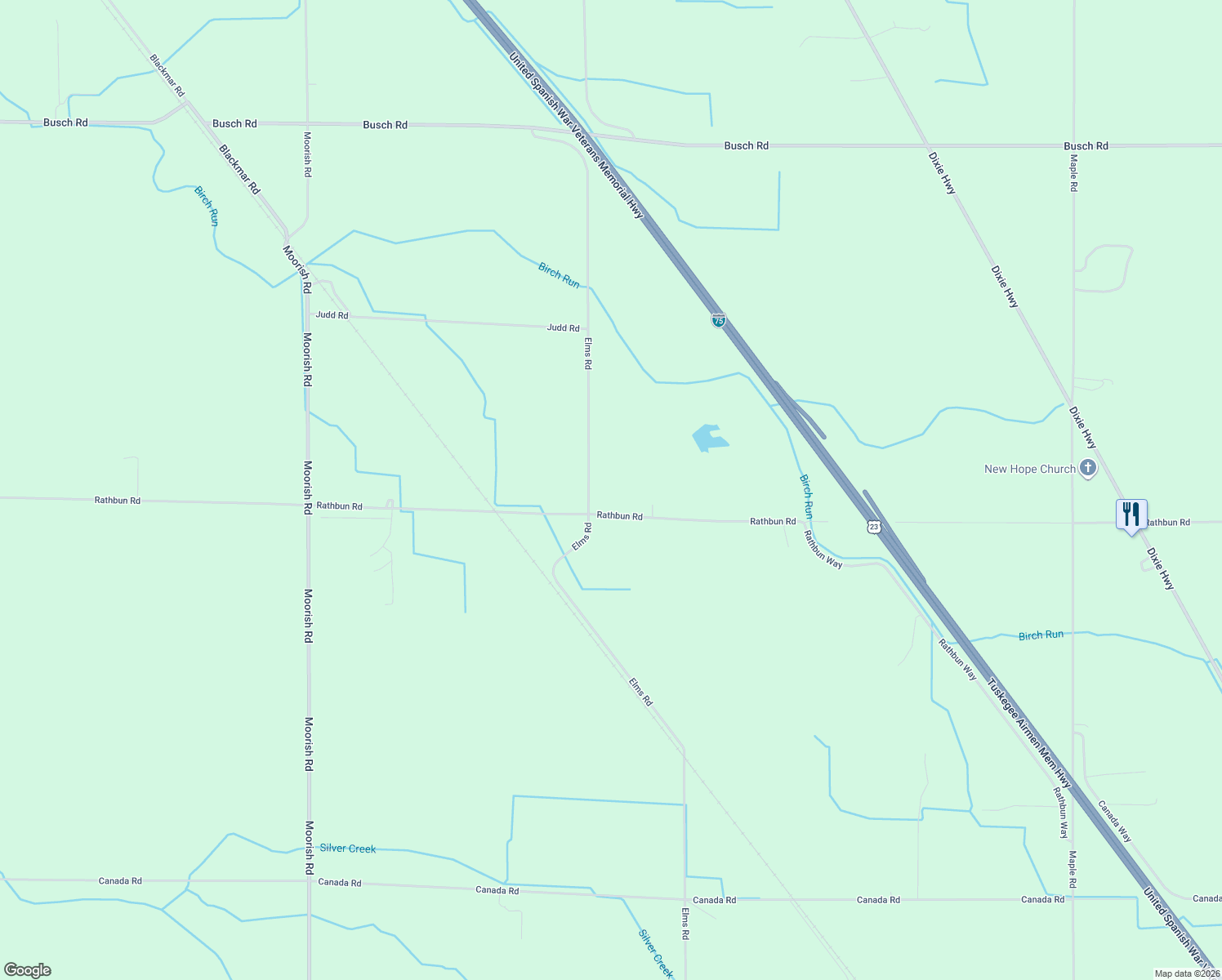 map of restaurants, bars, coffee shops, grocery stores, and more near 6825 Rathbun Road in Birch Run