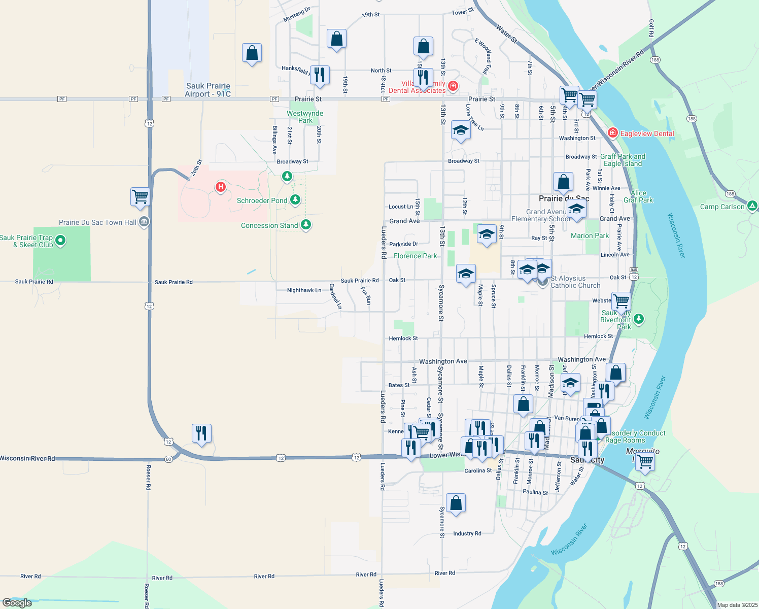 map of restaurants, bars, coffee shops, grocery stores, and more near 149 Lueders Road in Sauk City