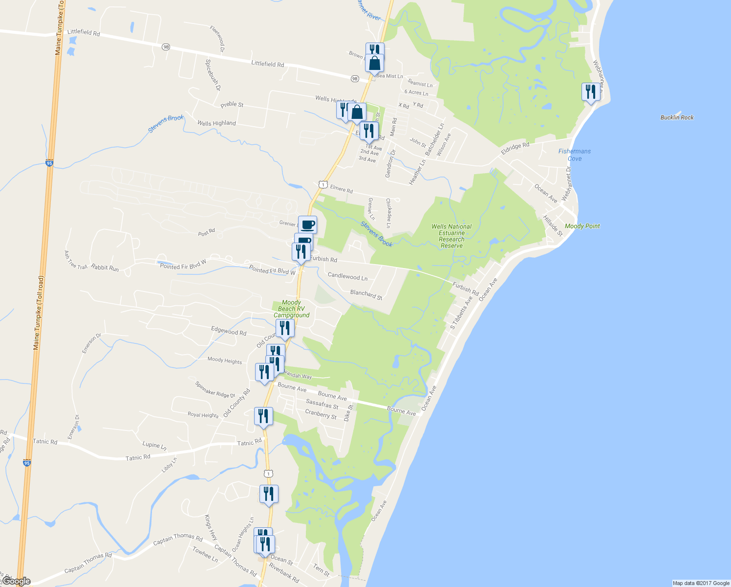 map of restaurants, bars, coffee shops, grocery stores, and more near 165 Blanchard Street in Wells