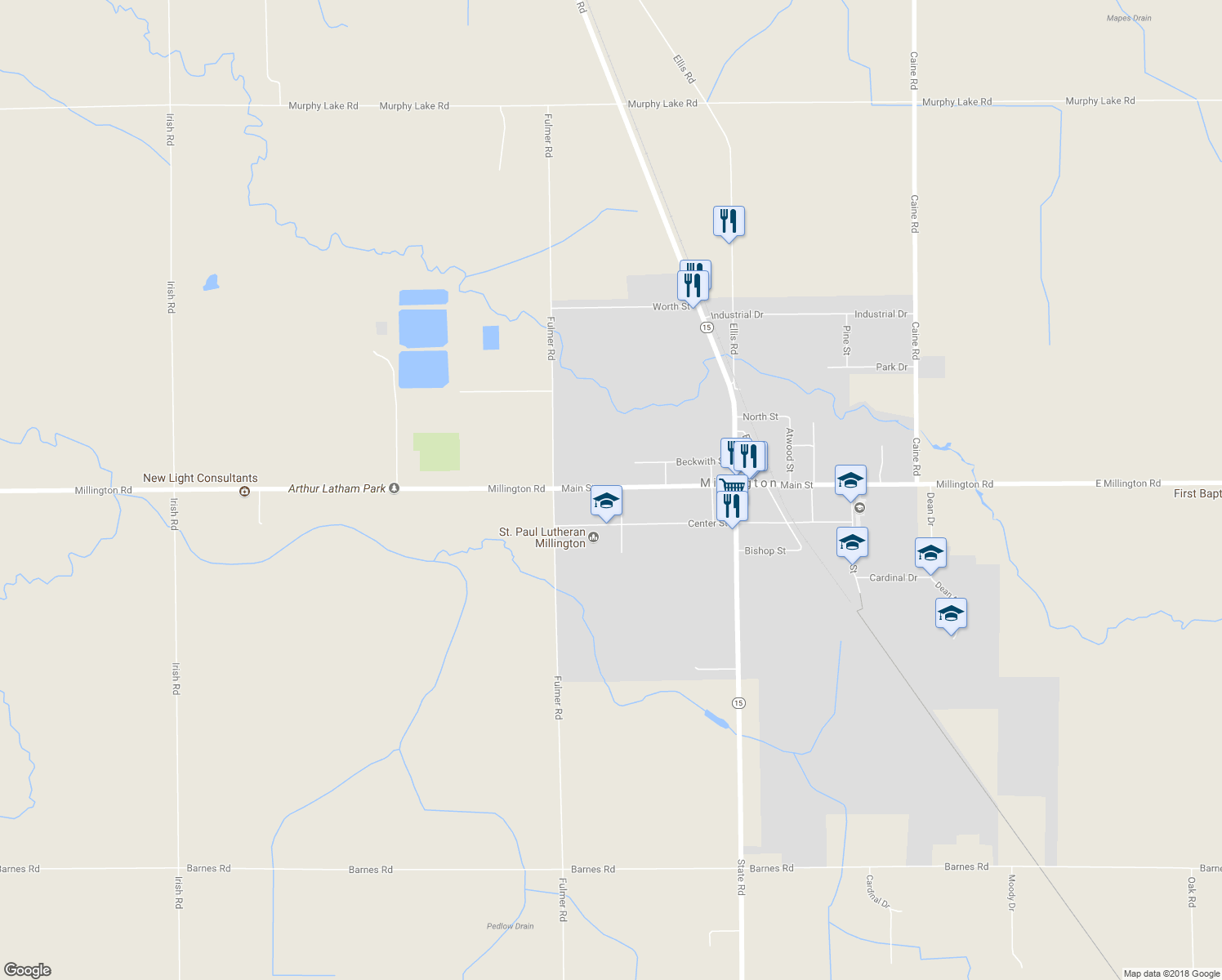 map of restaurants, bars, coffee shops, grocery stores, and more near 4919 Main Street in Millington