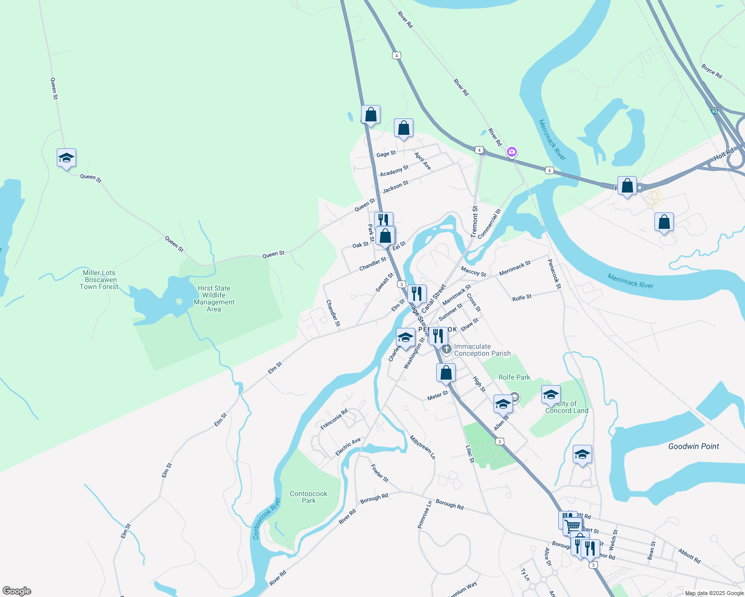 map of restaurants, bars, coffee shops, grocery stores, and more near 28 Sweatt Street in Boscawen