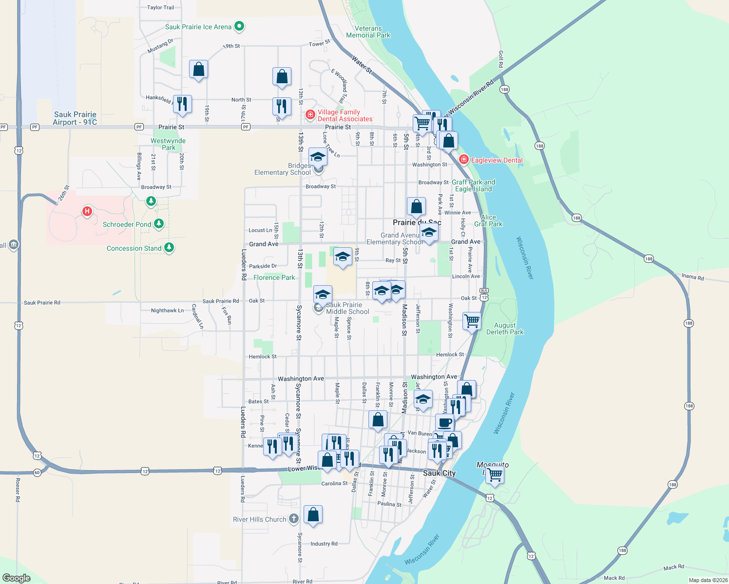 map of restaurants, bars, coffee shops, grocery stores, and more near 45 8th St in Prairie du Sac
