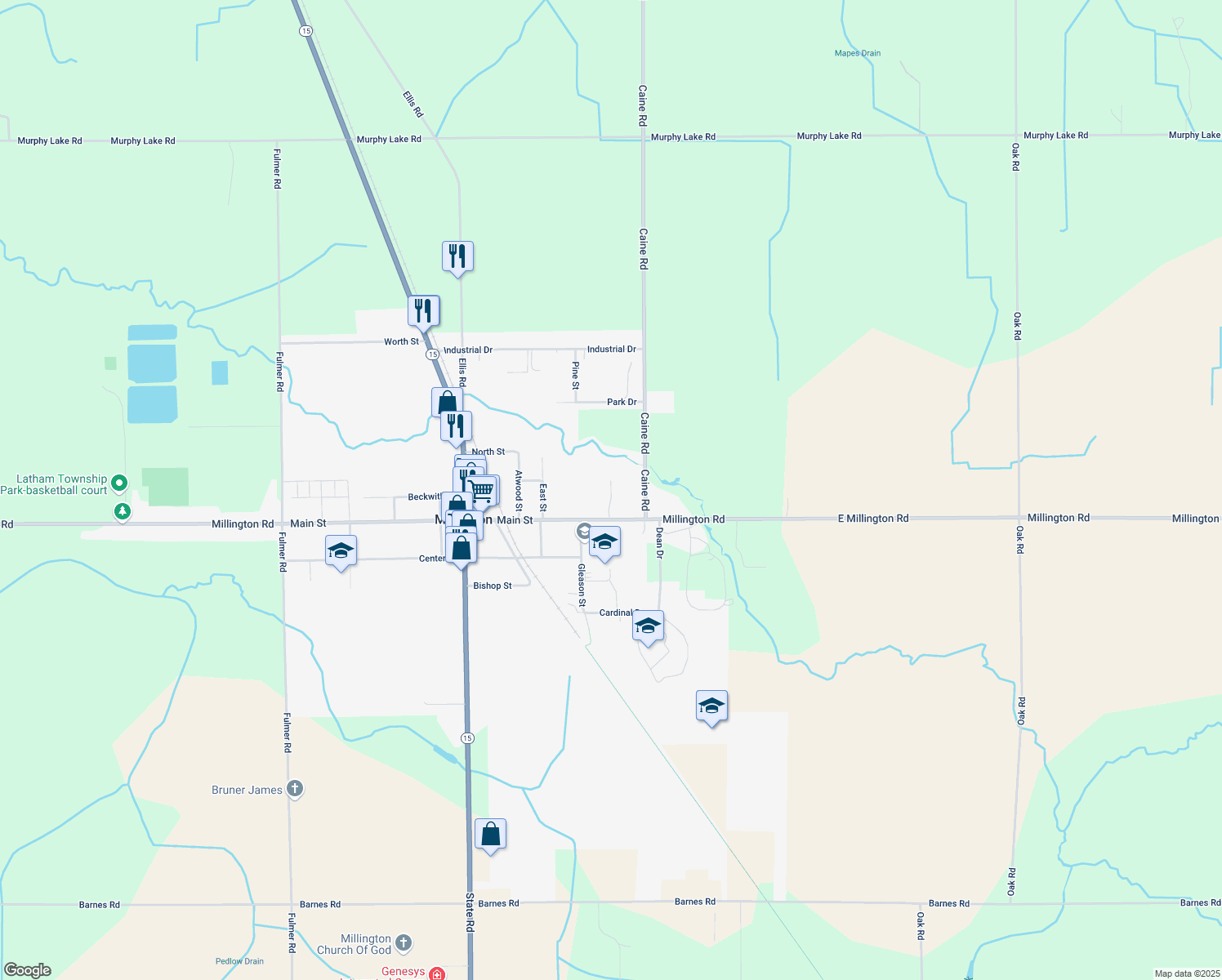 map of restaurants, bars, coffee shops, grocery stores, and more near 8477 Brookside Court in Millington
