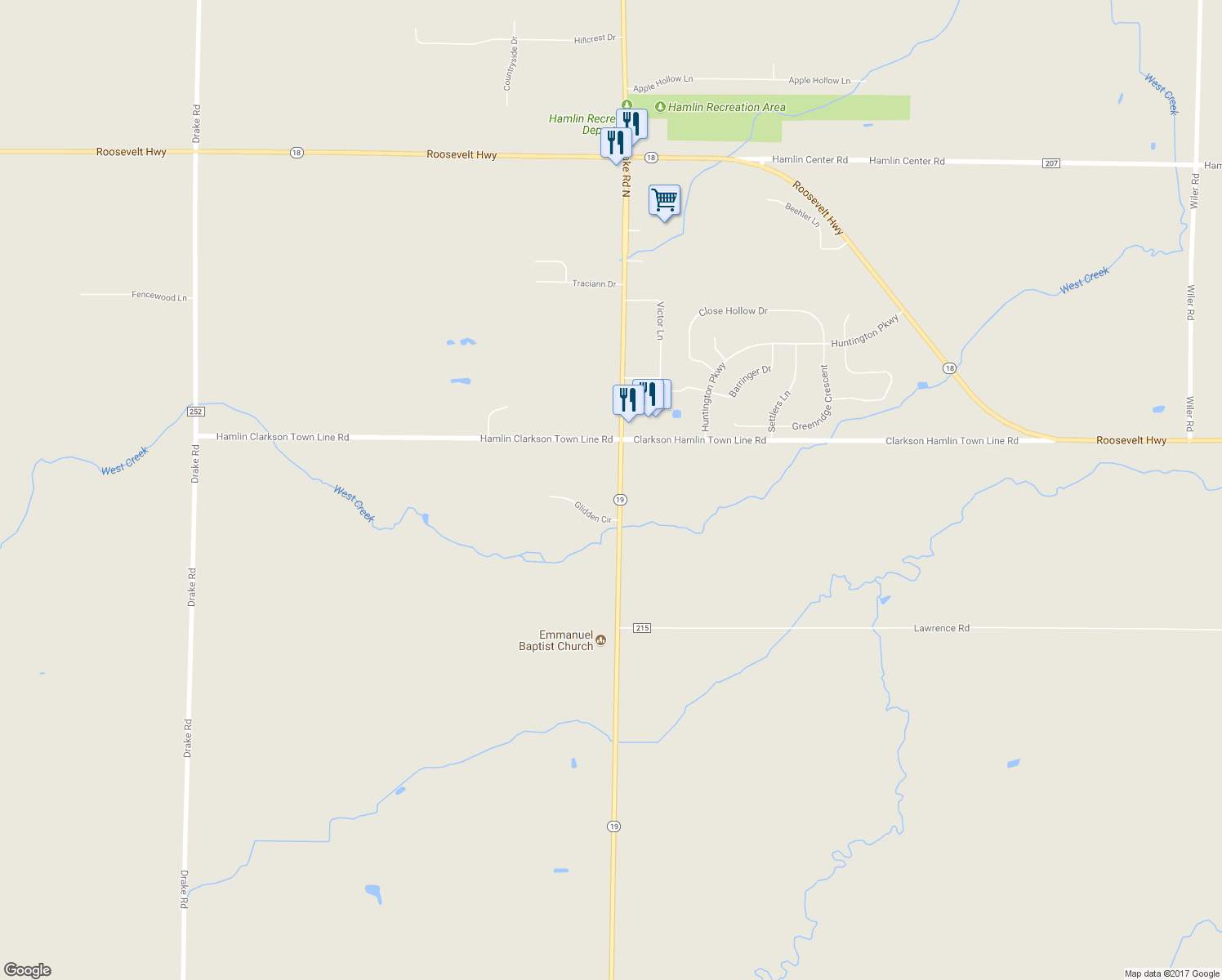 map of restaurants, bars, coffee shops, grocery stores, and more near 2221 Lake Road North in Hamlin