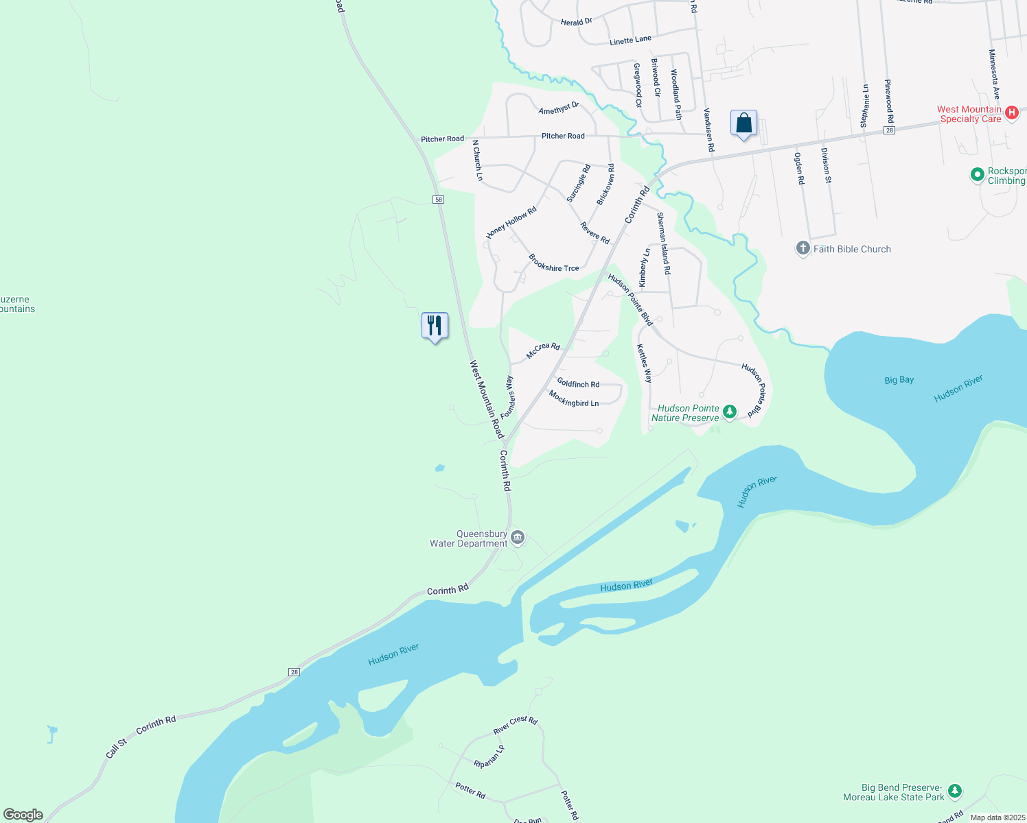map of restaurants, bars, coffee shops, grocery stores, and more near 19 Founders Way in Queensbury