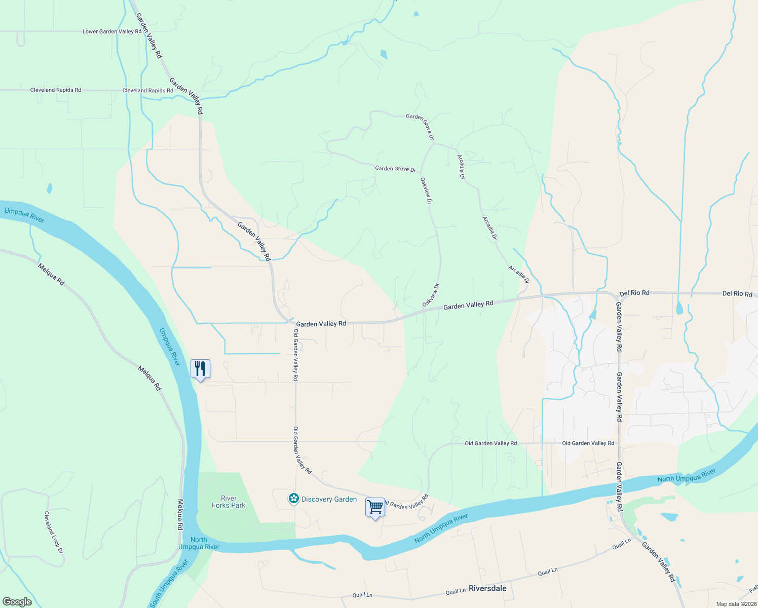 map of restaurants, bars, coffee shops, grocery stores, and more near 7008 Garden Valley Road in Roseburg