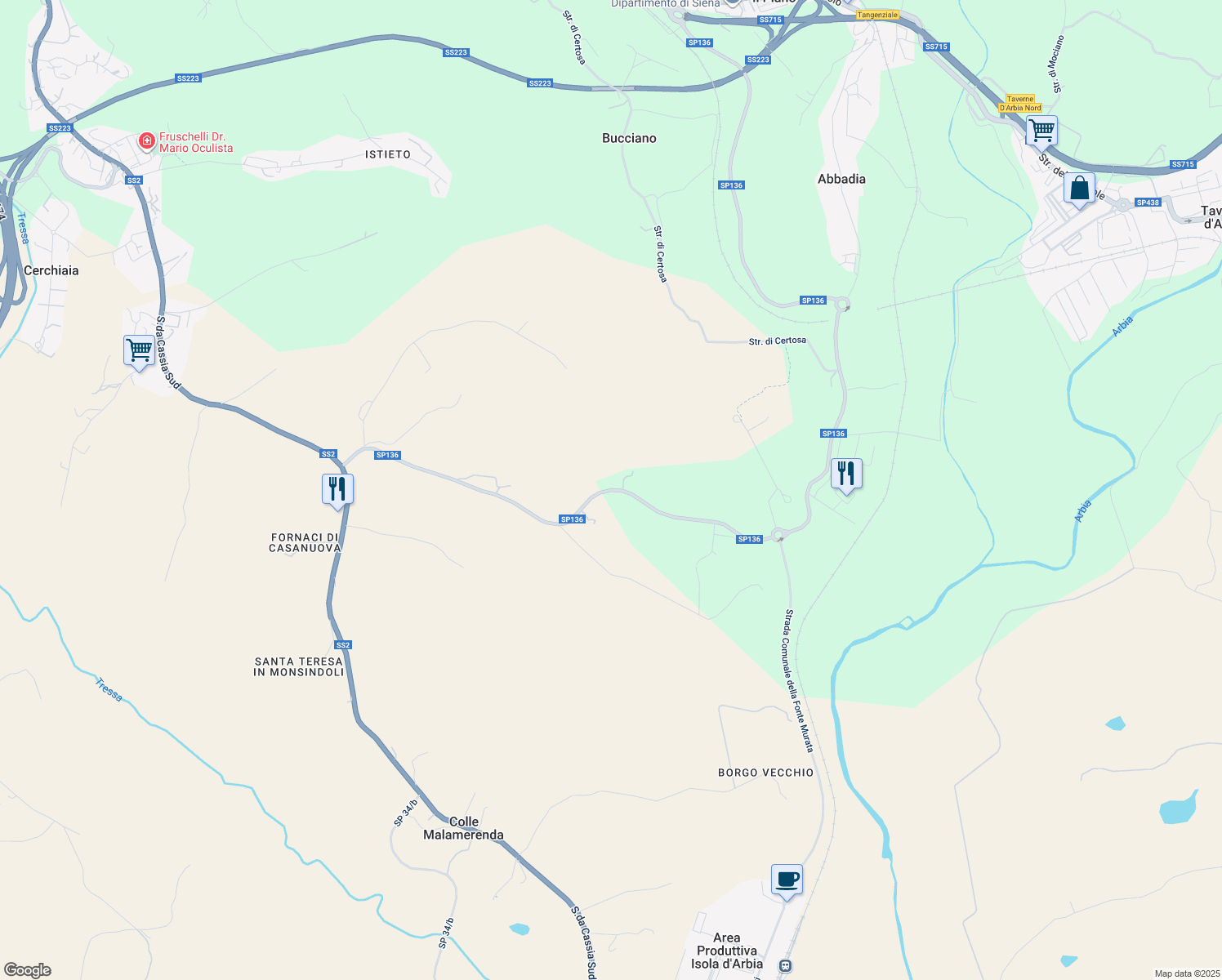 map of restaurants, bars, coffee shops, grocery stores, and more near Strada dei Fuochi in Siena