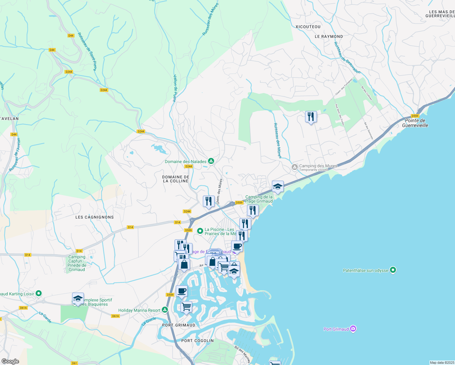 map of restaurants, bars, coffee shops, grocery stores, and more near Domaine les Parcs de Grimaud in Grimaud